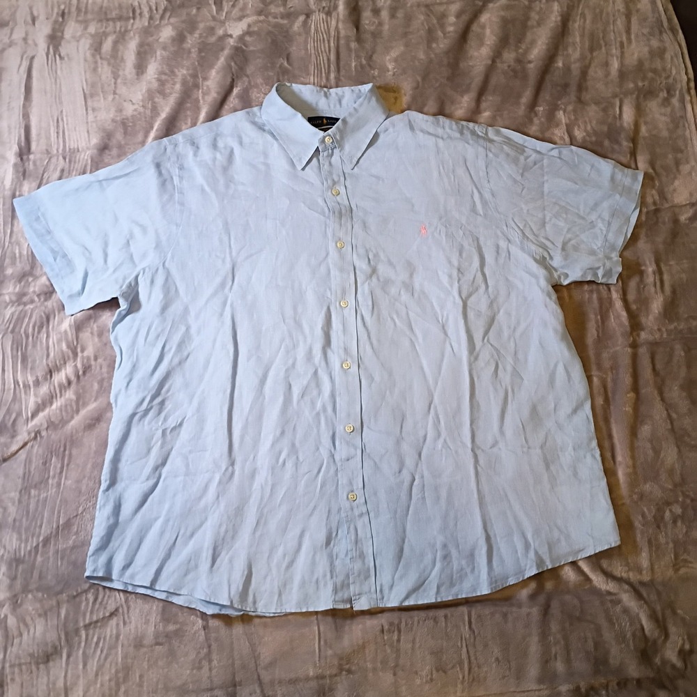 Ralph Lauren Mens XXL‎ Classic Fit 100% Linen Shirt Light Blue Pink Pony